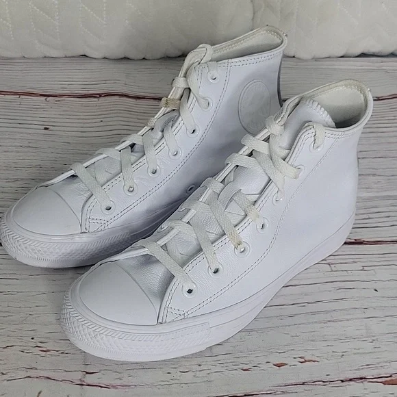 Converse All Star White Leather High Top Sneakers Women's Size 8 - Picture 7 of 11
